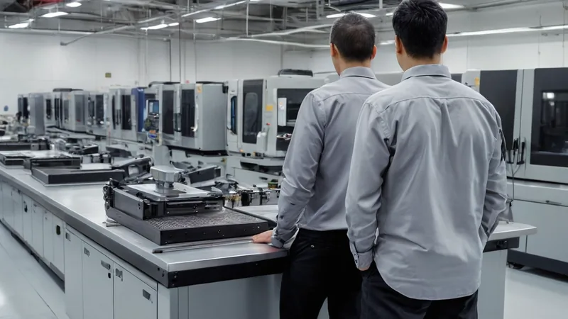 兩位工程師在 CNC 加工廠房的工作檯前討論