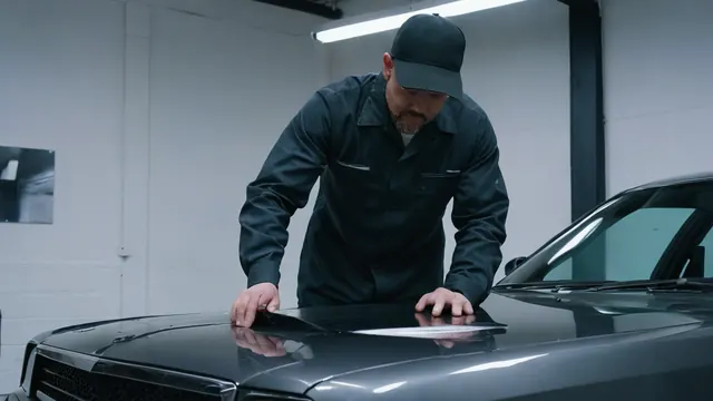 汽車美容技師在引擎蓋上用刮板貼合透明保護膜
