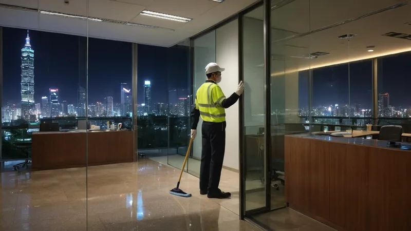 清潔人員夜間在辦公大樓擦拭玻璃隔間,窗外是台北夜景