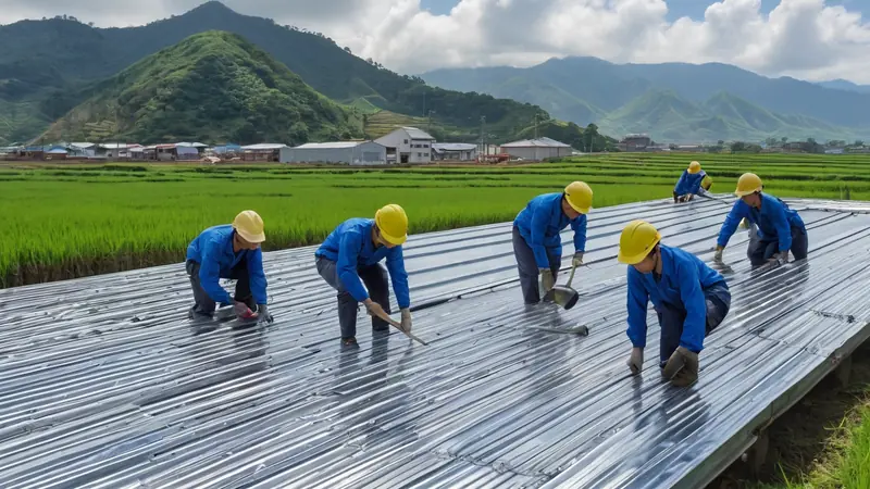 工人在台灣鄉間廠房屋頂安裝浪板鐵皮