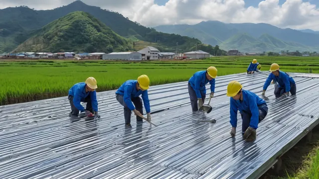 工人在台灣鄉間廠房屋頂安裝浪板鐵皮