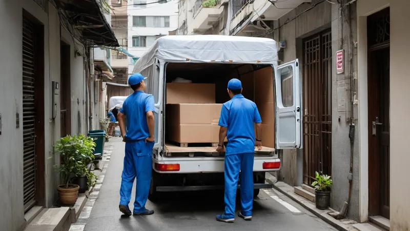 搬家公司人員穿著制服在台北巷弄將家具搬上貨車