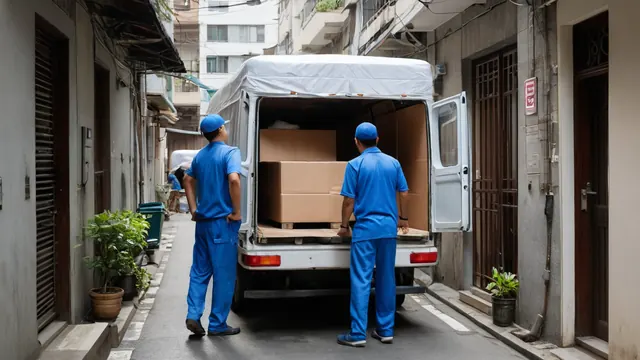 搬家公司人員穿著制服在台北巷弄將家具搬上貨車