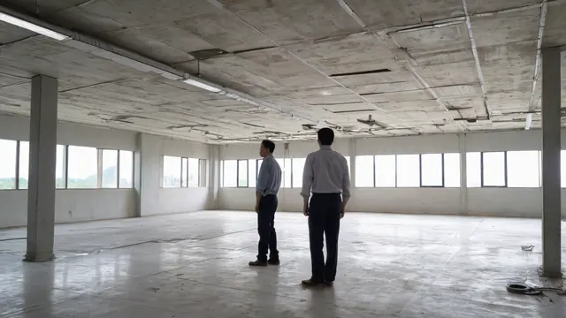 承包商與業主在天花板拆除中的空辦公室討論裝修