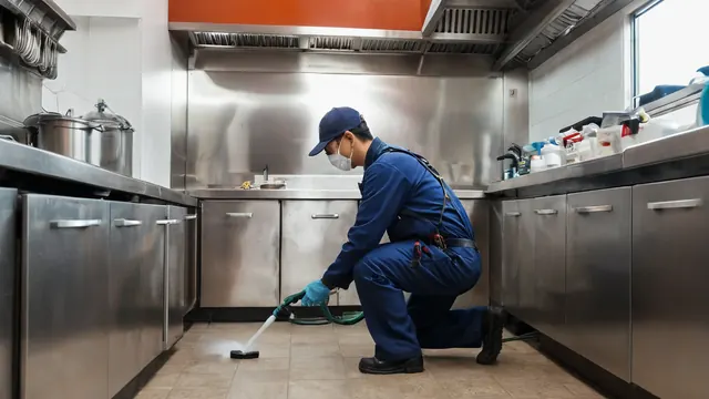 除蟲技師穿著制服在餐廳廚房料理檯下方噴灑藥劑