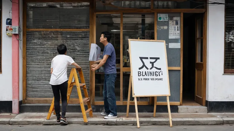 工人正在街邊店面安裝新的招牌，老闆在下方看著