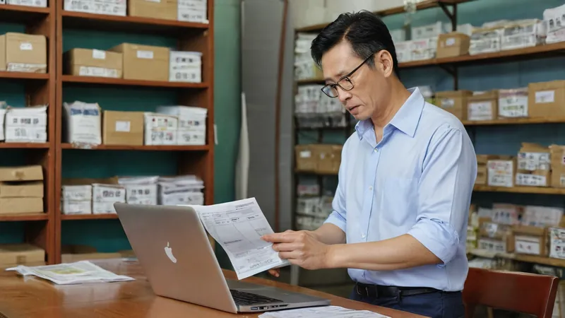 店家老闆拿著一張舊的紙本帳單，看著筆電上空白的錯誤畫面，表情困惑