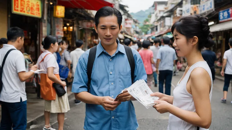 店家老闆在傳統市場附近的熱鬧街角發傳單