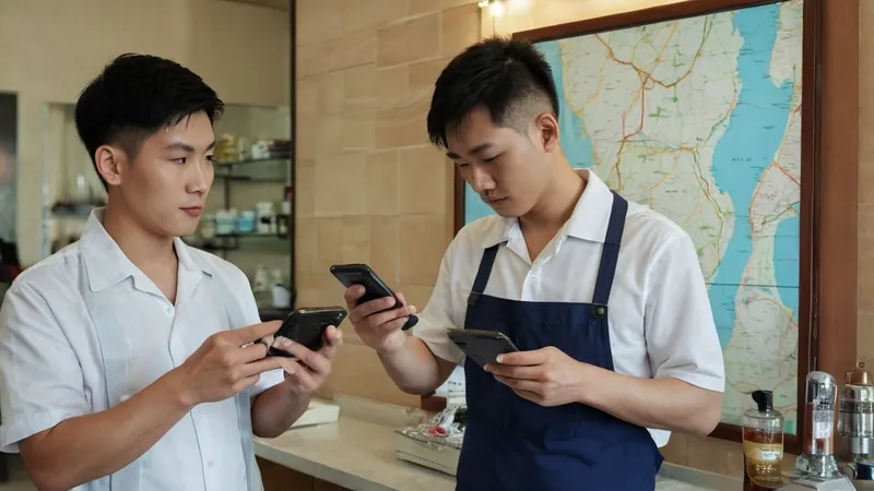 理髮店裡兩位男士各拿著手機比對地圖上的店家資料，身後有一張大地圖
