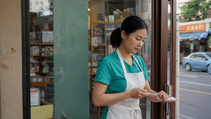 早餐店老闆娘清晨在店門口整理開店事宜