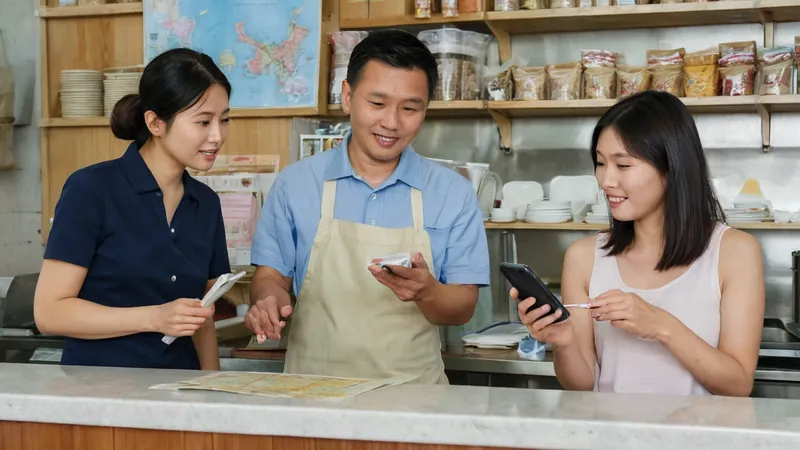 麵店老闆在櫃檯後指著手機上的地圖，跟太太討論，表情困惑