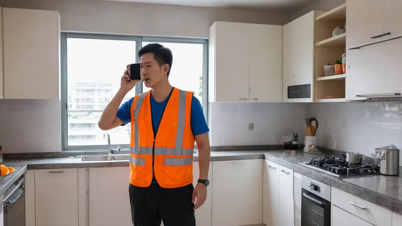 穿反光背心的裝修師傅站在完工的廚房裡拿著手機