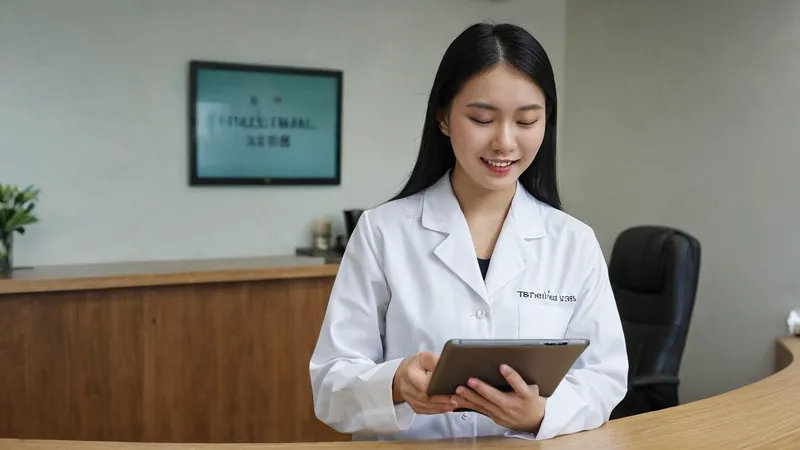 診所櫃檯人員站在接待台前滑平板，表情困惑，身後是整潔的候診區