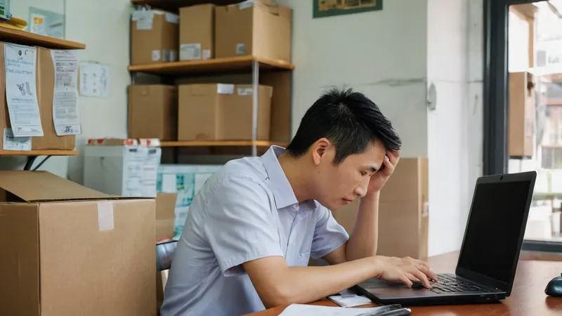 店家老闆坐在小辦公桌前看著筆電螢幕，一手扶著額頭，神情擔憂