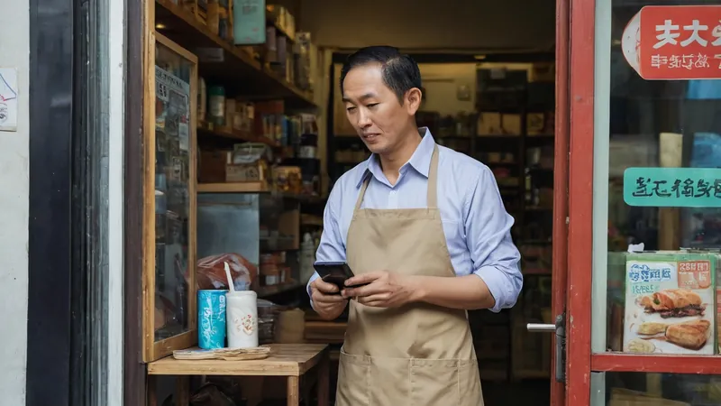 穿圍裙的店家老闆站在自家店門口看手機