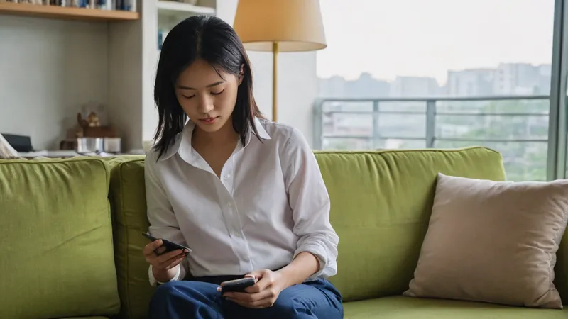 一位女性坐在客廳沙發上用手機搜尋住家附近的維修服務