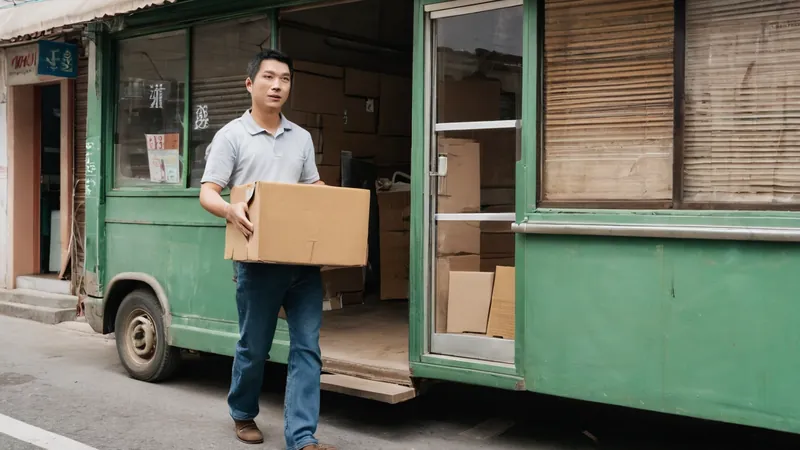 店家老闆抱著紙箱走出舊店面，路邊停著搬家貨車