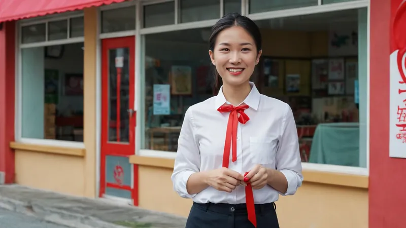 老闆手拿鑰匙站在掛著彩帶的第二間新店面外，神情自豪