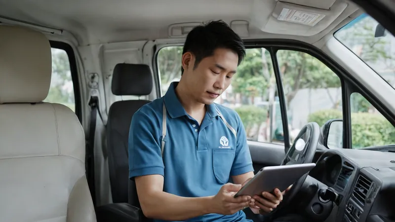 清潔公司老闆坐在廂型車裡用平板看接案請求