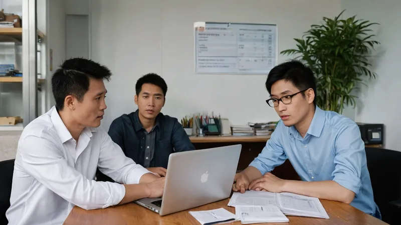 兩位男士隔著小辦公桌談判，一人把筆電闔上，另一人雙手抱胸