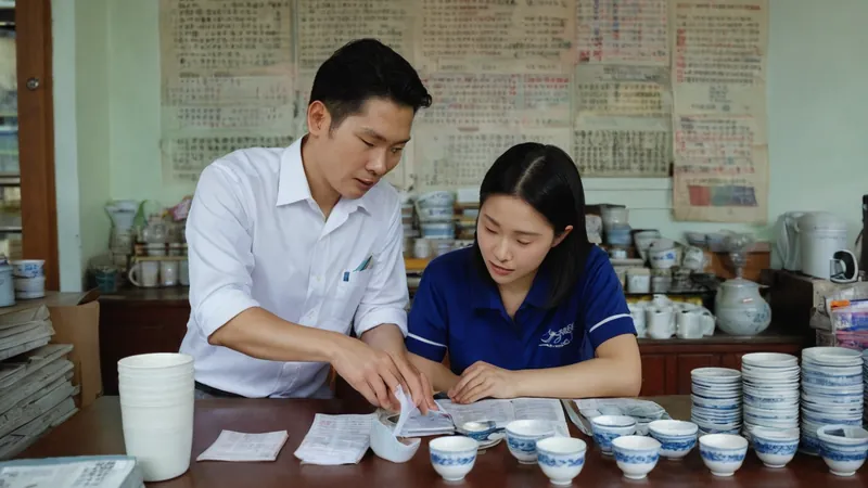 經營小店的夫妻在桌前看一張印出來的報價單，桌上有計算機